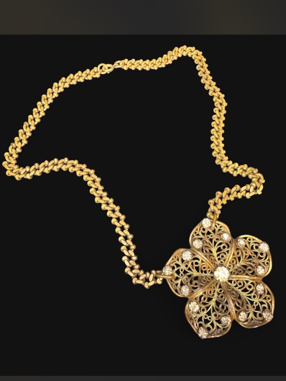 Vintage Gold Filigree Flower Statement Necklace Rhinestone Center scrolling